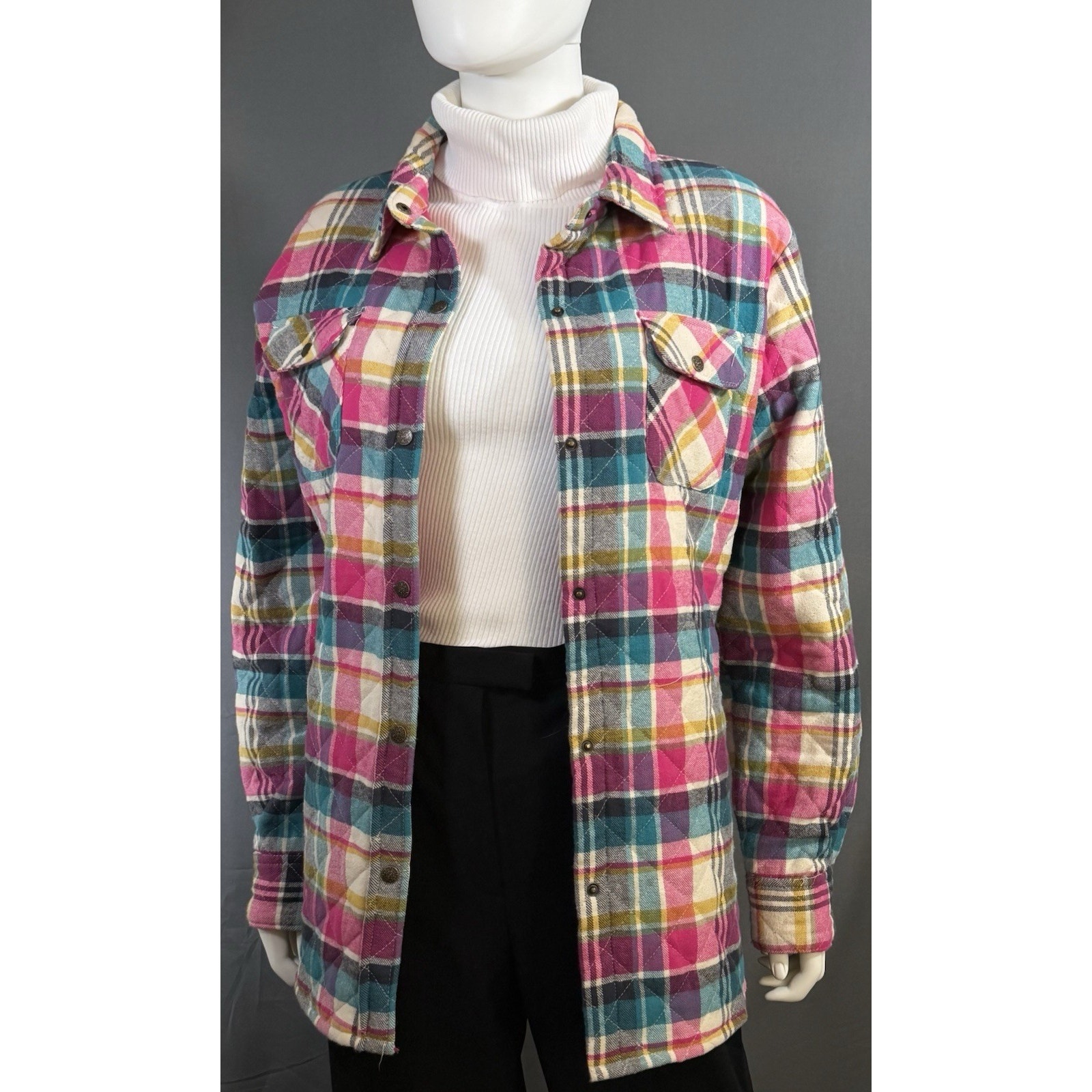 Bit & Bridle Quilted Lined Plaid Shacket Jacket Women Xl Snap Front Pink Multi
